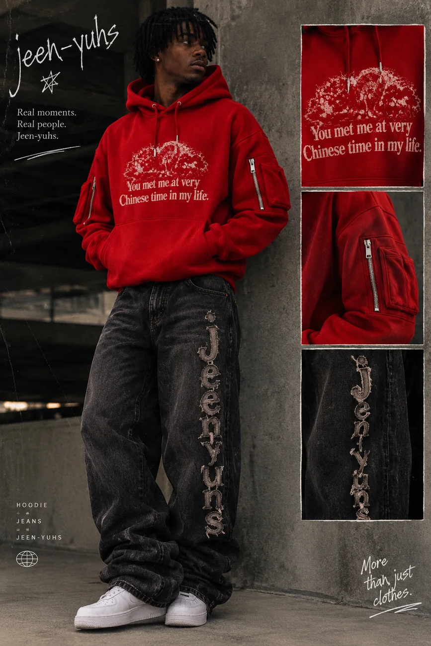 jeen-yuhs editorial red hoodie and black denim campaign